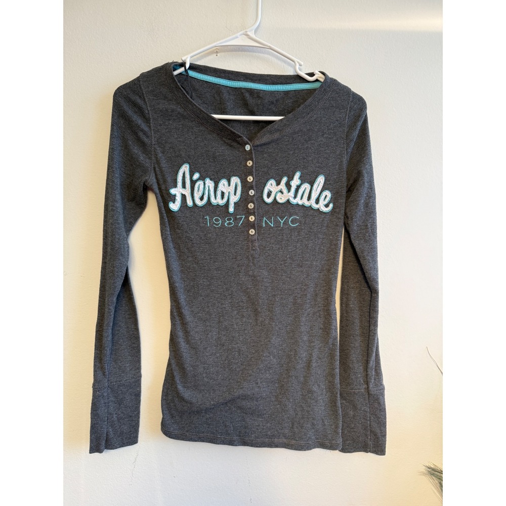 Y2K Aeropostale Womens Grey Ribbed Long Sleeve Henley Logo Top Size M 3933